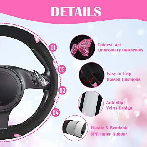 Car Pass Pink Embroidery Butterfly Steering Wheel Cover, Universal 15 Inch Car Wheel Cover for Women Girls, Fit for Suvs,Small Trucks,Sedans,Cars (Black and Pink) - color: Black and Pink