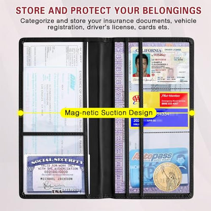 Car Registration and Insurance Holder, Registration and Insurance Card Holder, Auto Glove Box Organizer with Magnetic Shut, PU Leather Automobile Documents Wallet for Cards (Black) - color: Black