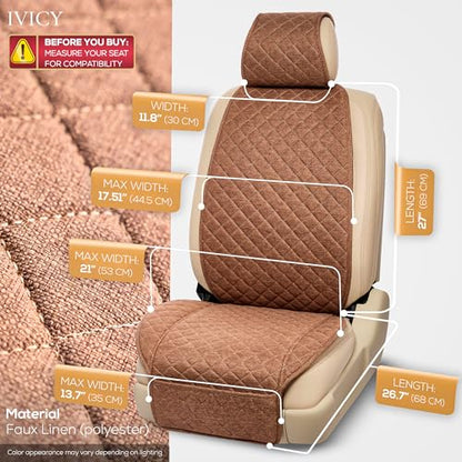 IVICY Faux Linen Front Car Seat Cover – Non-Slip Bucket Seat Protector for Most Cars, SUVs, Vans & Trucks – 1 Seat Cover, Machine Washable, Side-Airbag Friendly, Light Brown - color: BROWN HYB LN