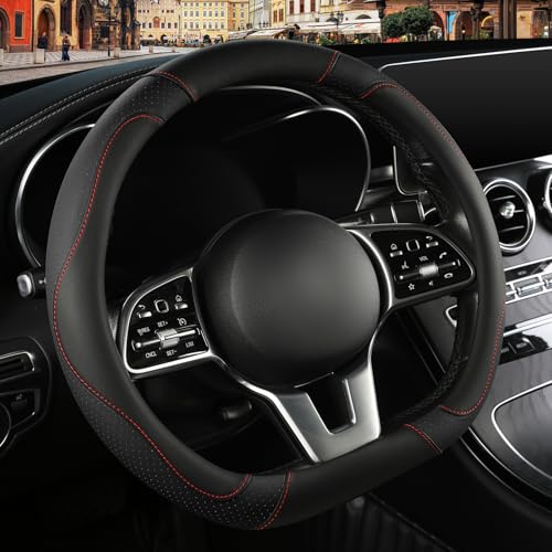 Microfiber Leather D Shaped Steering Wheel Cover, Breathable, Anti Slip, Universal 15 inch, Black - color: Black, size: D Shape-Middle[14.5''-15'']