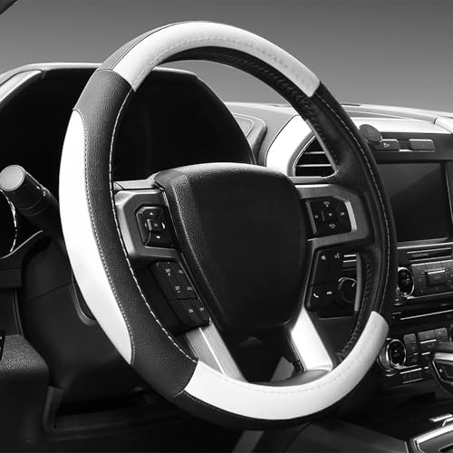 SEG Direct Car Steering Wheel Cover Universal Standard Size 14.5-15 inch, Black and White Microfiber Leather - color: Black and White, size: Standard size[14 1/2''-15'']