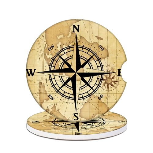 Car Cup Holders Coasters - Vintage Map Compass Absorbent Ceramic Coaster, Drink Cup Holder Coasters, Auto Interior Accessories for Women & Men Pack of 2 - color: Compass