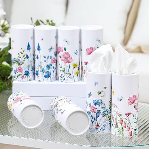 Fourluoo 12 Pack Spring Wildflower Cylinder Tissues for Car Floral Round Cylinder Holder with 3 Ply Facial Tissues for Spring Travel Home Bathroom Office Accessories - style: Mixed Flower