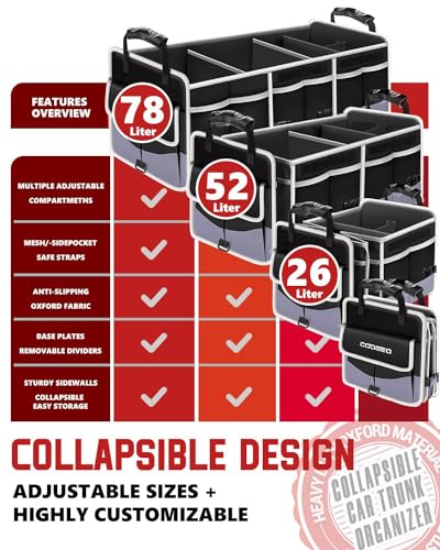 Car Trunk Organizer with Portable Leak Proof Cooler Bag, 3 Compartments Collapsible Car Organizers and Storage with Foldable Cover, Fathers Day Dad Gifts, Suitable for SUV, Auto, Truck, Minivan