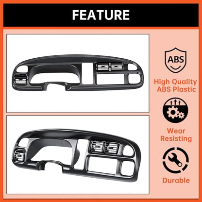 ECOTRIC Dash Board Cluster Bezel Cover Compatible with 1998-2002 Dodge Ram 1500 2500 3500 Instrument Pad Panel Dashboard Kit w/Vents Replacement for 5GK51DX9AA 5EU11DX9AB - Clips Included - size: Dash Bezel W/ Vents