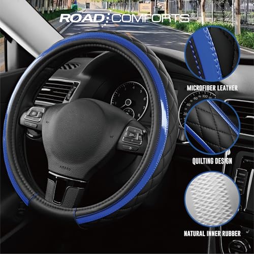 Road Comforts Leather Steering Wheel Cover – Black & Blue, Universal Fit 14.5-15 Inch, Microfiber Leather, Anti-Slip & Breathable Design for Men and Women - color: Blue