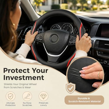Steering Wheel Cover Black Red, Carbon Fiber Car Steering Wheel Covers with Coasters Universal 14.5-15 inch Leather Microfiber Breathable Anti-Slip Steering Wheel Accessories Set - color: Red, size: Medium