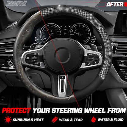Auto Dynasty Diamond Steering Wheel Cover, Microfiber Leather Car Steering Wheel Protector with Glitter Crystal Sparkling Rhinestones, Anti-Slip, [14 1/2 to 15 Inches] Universal Fit Cars Trucks SUVs - color: C-shape Diamond