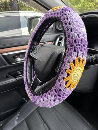 Handmade Crochet Sun Moon Car Steering Wheel Covers Universal 14-15 inch,Cute Steering Wheel Cover,Car Accessories (B:Wheel Cover+2 Belt Cover) - color: B:Wheel Cover+2 Belt Cover