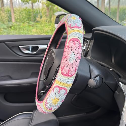 Handmade Crochet Pink Fower Granny Square Car Steering Wheel Covers Universal 14-15 inch for Women and Men (Steer Wheel Cover) - color: Steer Wheel Cover