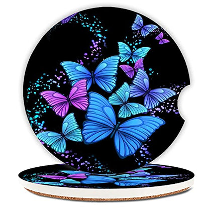 Blue Butterfly Absorbent Car Coasters,Cool Ceramic Cup Holders Coasters with a Finger Notch for Women Men 2.56"(2 Pieces)