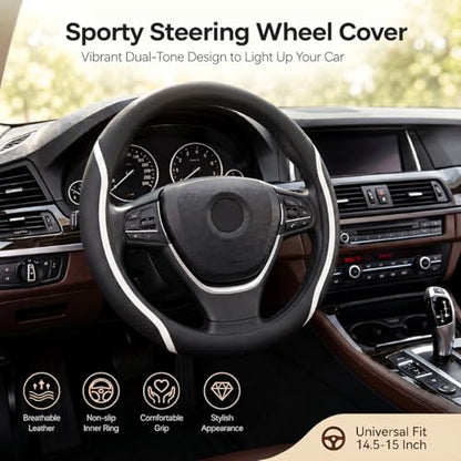 Steering Wheel Cover Black White, Carbon Fiber Car Steering Wheel Covers with Coasters Universal 14.5-15 inch Leather Microfiber Breathable Anti-Slip Steering Wheel Accessories Set - color: White, size: Medium