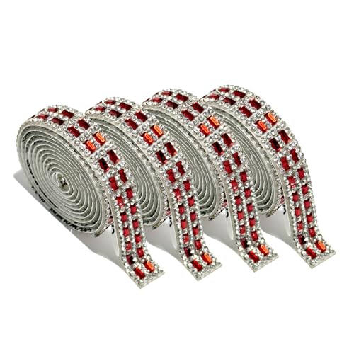ZMD 4Rolls Self Adhesive Crystal Rhinestone Strips, Rhinestone Ribbon Glass Sticker for Crafting, Diamond Ribbon Bling Gemstone Sticker for DIY Arts Crafts, Car Phone Decoration, Red - color: Red A