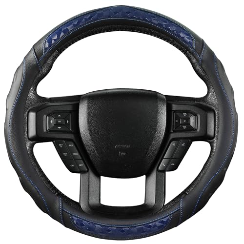 Black Seal Custom-Fit Steering Wheel Cover for Ford F-150, F-250, F-350, Expedition, 15.5–16", Anti-Slip PU Leather (Black+Blue) - color: Black+Blue