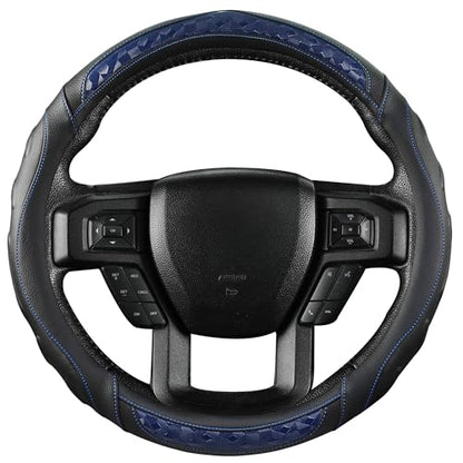Black Seal Custom-Fit Steering Wheel Cover for Ford F-150, F-250, F-350, Expedition, 15.5–16", Anti-Slip PU Leather (Black+Blue) - color: Black+Blue