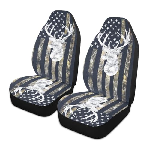 Camo Deer Car Seat Covers Set of 2,USA Camo Buck Deer Hunting American Flag Universal Auto Front Seat Protector Vehicle Seat Cushion Cover for Men Vintage Car Accessories Fit for Car Truck - color: Black Beige