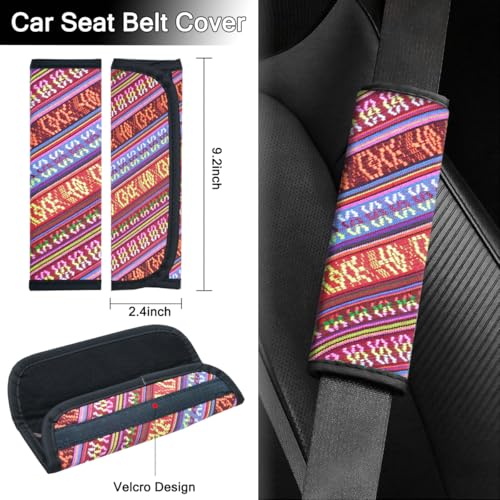 Boho Steering Wheel Cover Set, Seat Belt Cover and Armrest Pad Bohemian Cloth Car Steering Wheel for Women Flax Ethnic Style Steering Wheel Accessories Cover Anti-Slip Fits 14 1/2-15 Inch - Red - color: Brown