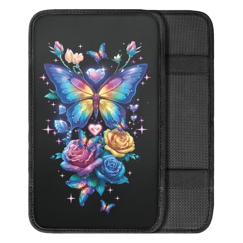 Colorful Butterfly Rose Print Car Center Console Cover Pad, Universal Armrest Seat Box Cover,Auto Armrest Cover Protector - color: Colorful Butterfly Rose