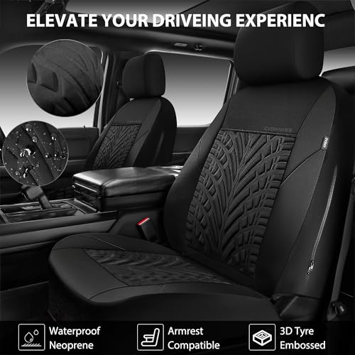 CAR PASS Neoprene Waterproof Seat Covers Full Sets, Wetsuit Car Seat Covers 5 Seats Universal Fit for Vans, Truck, SUV, 3D Tyre Embossed Seat Covers Anti Slip with Armrests, Aibag Compatible(Black) - color: Black Solid, size: Full sets