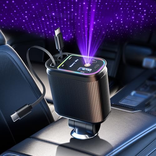 Starlight Retractable Car Charger with Dual Type C Cables, 66W Starlight in Car roof 4 in 1 Retractable Car Phone Charger Adapter, Fast Charging USB C Cable, Compatible with iPhone 17/16/15/14 - color: Deep Black, size: Dual Type C
