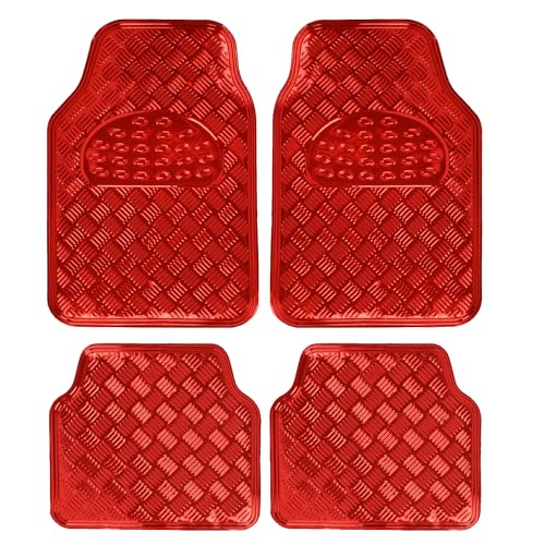 BDK Metallic Chrome Car Floor Mats All-Weather Universal Fit Automotive Floor Mats for Cars SUVs, Floor Mats for Trucks, Car Mats Full Set Front & Rear, Non-Slip Backing - Red - color: Red, size: 4-Piece