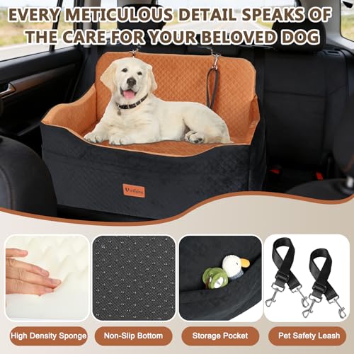 Vivifying Dog Car Seat for Back Seat, Booster Travel Bed for Medium Large Dogs or 2 Small Dogs, 4" Raised Foam Cushion, Safety Leash & Washable Cover, Soft Dog Booster Seat for Cars, Trucks & SUVs