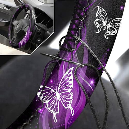 15 Pcs Butterfly Car Seat Covers Full Set Butterfly Front Rear Seat Covers Steering Wheel Cover Wrist Strap Coasters Armrest Shoulder Pads (Purple Glitter Butterfly Style)