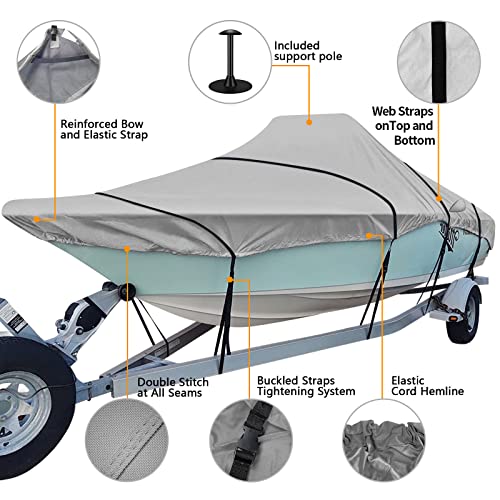 iCOVER Trailerable Boat Cover, 600D Heavy Duty Boat Cover Fits V-Hull Center Console Boat 22ft-24ft Long and Beam Width up to 102in, Windshield Height up to 30in, Boat Cover Support Pole Included - color: Grey, size: 22ft-24ft long and beam width up to 11