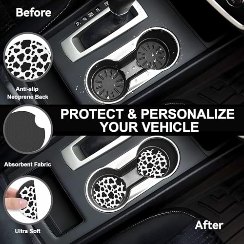 Cow Print Steering Wheel Cover with 2 PCS Cup Coasters for Car,Black and White Cow Print 15 Inch Non-Slip Neoprene Steering Wheel Covers,Breathable Car Accessories Fit for Men Women - color: Cow Print