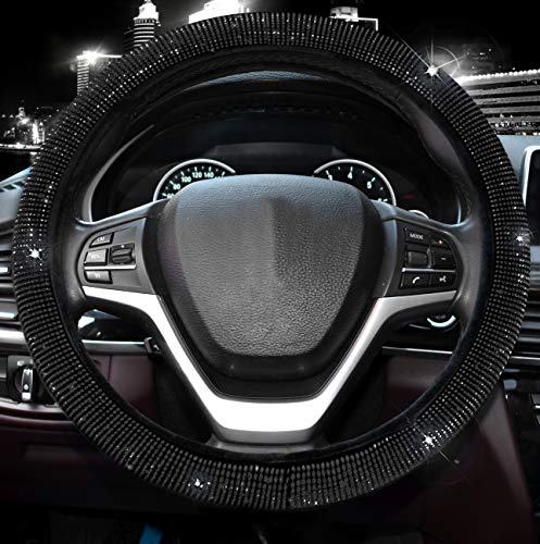 Steering Wheel Cover for Women Men Bling Bling Crystal Diamond Sparkling Car SUV Wheel Protector Universal Fit 15 Inch (Black with Black Diamond, Standard Size(14" 1/2-15" 1/4))