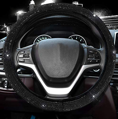 Steering Wheel Cover for Women Men Bling Bling Crystal Diamond Sparkling Car SUV Wheel Protector Universal Fit 15 Inch (Black with Black Diamond, Standard Size(14" 1/2-15" 1/4))