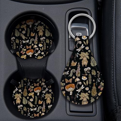 Woodland Fern Moth Dragonfly Mushroom Amanita Steering Wheel Cover, Car Cup Coasters & Quarter Keyring, Car Accessories Universal Fit 14.5-15 inch Wheel Auto SUV Sedan Vans Trucks - color: Dragonfly Mushroom