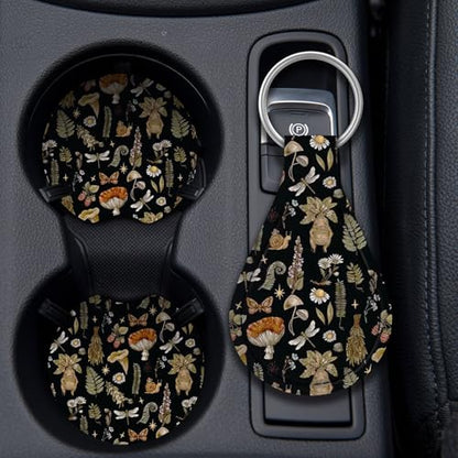 Woodland Fern Moth Dragonfly Mushroom Amanita Steering Wheel Cover, Car Cup Coasters & Quarter Keyring, Car Accessories Universal Fit 14.5-15 inch Wheel Auto SUV Sedan Vans Trucks - color: Dragonfly Mushroom