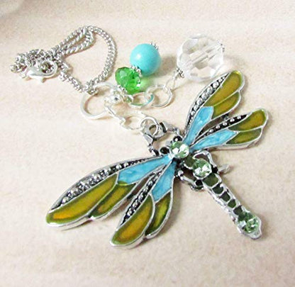 Turquoise Dragonfly Rear View Mirror Car Charm - Crystal Sun Catcher for Car - Dragonfly Ornaments for Women