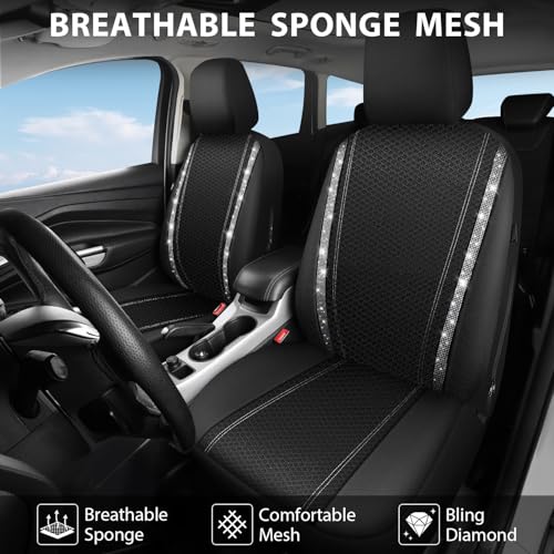 CAR PASS Memory Foam Mesh Bling Diamond Car Seat Cover 2 Front Seat Breathable Soft Sponge Universal Shining Glitter Sparkly Crystal Fit Armrest Automotive Truck SUV Cute Women Girl, Silver Rhinestone - color: Silver Mesh, size: Two Front Seats