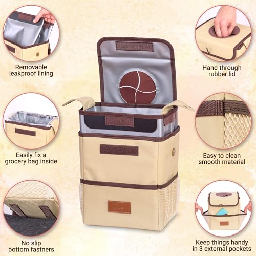 Car Trash Can [Touring Edition] - Removable Liner - 100% Leakproof, Odor Control Lid, Hanging Garbage Bin for SUV, Truck, Car (2 Gal, Beige)