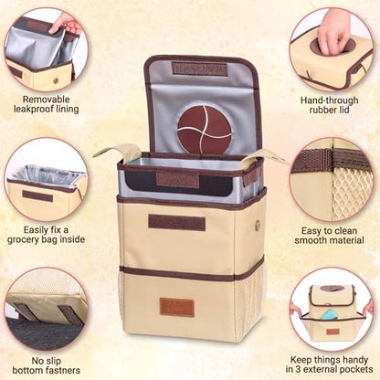 Car Trash Can [Touring Edition] - Removable Liner - 100% Leakproof, Odor Control Lid, Hanging Garbage Bin for SUV, Truck, Car (2 Gal, Beige)