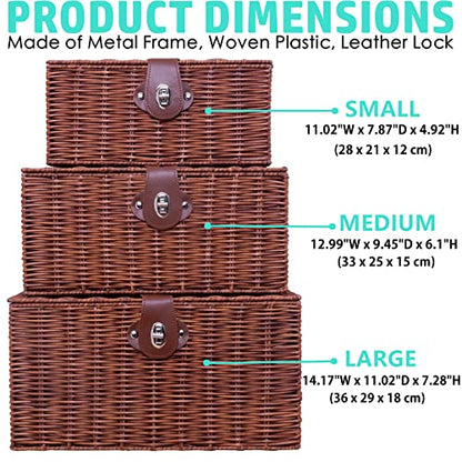 Set of 3 Woven Wicker Storage Basket Box with Lids & Lock, Built-in Carry Handles, Multifunctional Storage Organizer for Nursery, Baby, Clothes, Toys, Books, Large/Medium/Small Size (Natural)