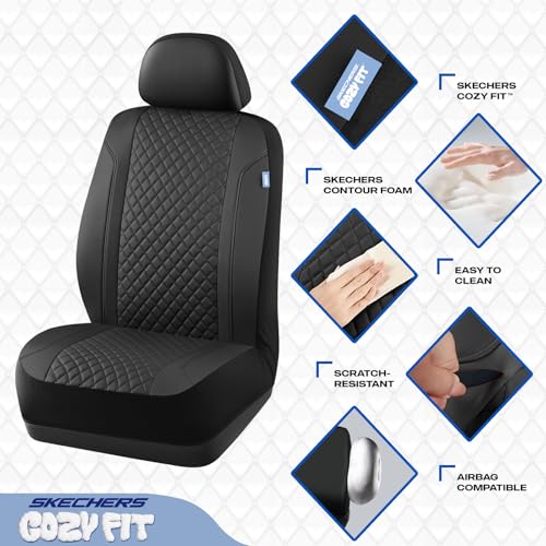 Skechers Seat Covers Contour Foam Cozy Fit,Leather Car Seat Covers, Car Seat Covers Front Seats Airbag Compatible, Universal Automotive Comfort for Most Cars, Vans, Trucks, SUV,Black