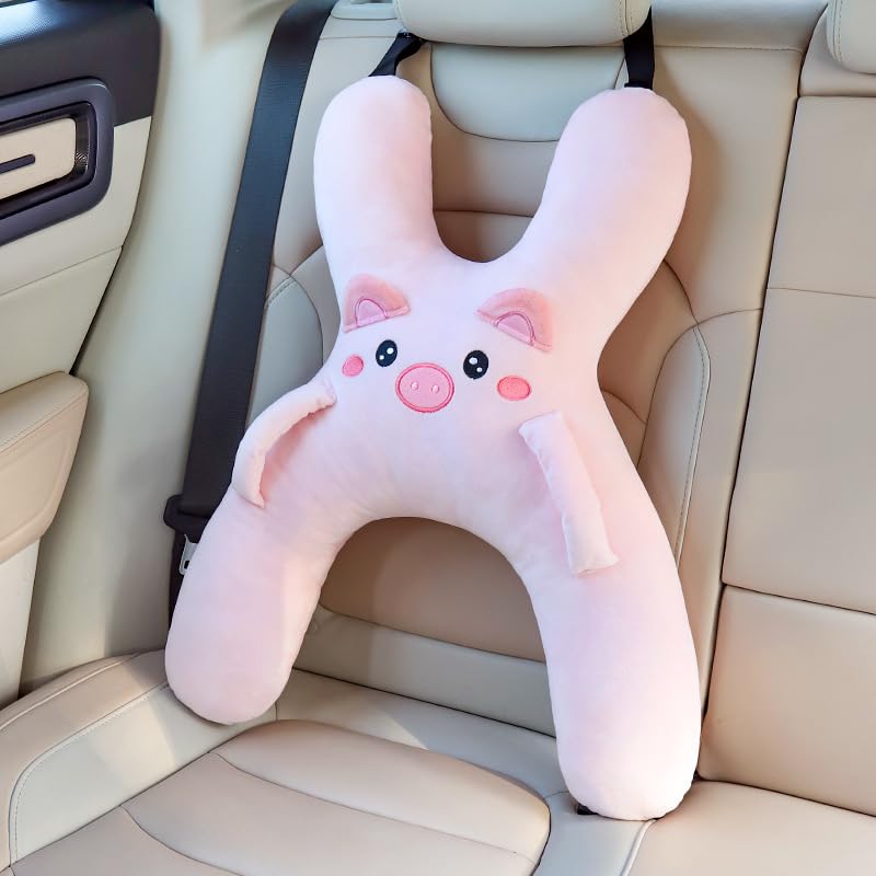 Car Pillow for Travel – Animal-Themed Car Seat Cushion with Safety Belt Protector – 4 Cute Styles: Pig, Dog, Rabbit, Panda (Pig) - color: Pig