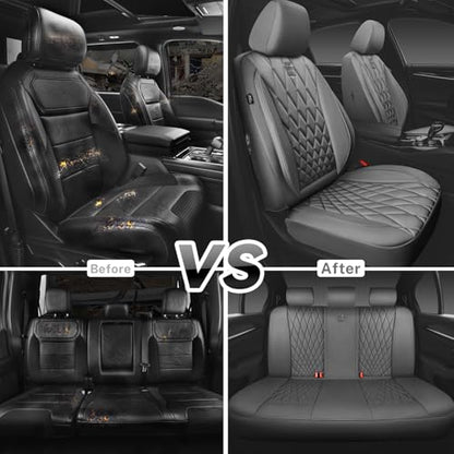 CAR PASS Piping Luxury Leather Seat Covers Full Set,5 Seats Anti-Slip Waterproof Seat Covers Compatible with Front Armrests,Universal Fit for Sendans, Suvs,Vans,Trucks,Airbag Compatible,Pure Gray - color: Pure Gray, size: Full Set