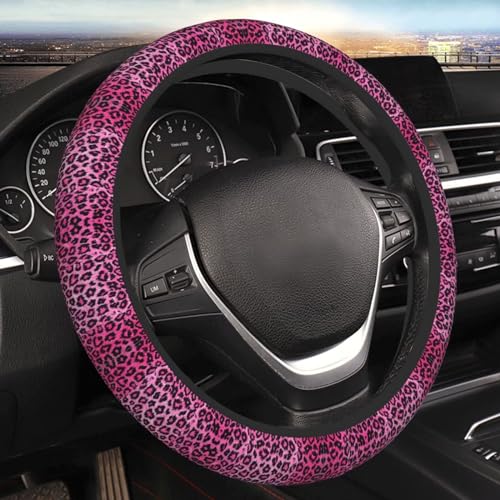 Pink Leopard Print Steering Wheel Cover Cute Red Cheetah Steering Wheel Cover Protector for Women,Universal Fit Most Cars -15 inch Car Accessories Decorations - color: Pink Leopard