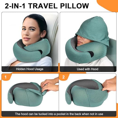 Travel Pillow - Hooded Neck Pillow Airplane Memory Foam Filling for Plane, Office, Cars Sleeping, Road Trip, Long Flights, Airplane Travel Essentials, Includes Eye Mask & Earplugs (Green) - color: Green