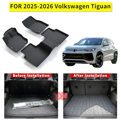 Floor Mats for 2025 2026 Volkswagen Tiguan & Cargo Liners & Backrest Mat,TPE All Weather Protection 1st & 2nd Row Floor Liners with Trunk Mat Covering The Backrest Accessories - size: Floor + Cargo + Backrest