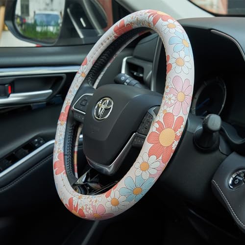 Retro Floral Daisy Colorful Flowers Car Leather Steering Wheel Cover - 15-inch Universal Microfiber- Soft & Breathable & Silicone Anti Slip Auto Steering Wheel Wrap for Women - color: colorful daisy