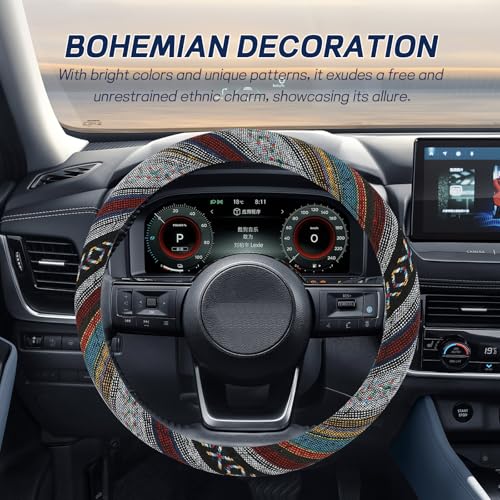 Boho Car Steering Wheel Cover, Ethnic Style Steering Wheel Covers Protector, Bohemian Anti-Slip Breathable Linen Auto Wheels Cover Fits 15 Inch, Universal Interior Car Accessories (Style D) - color: Style D