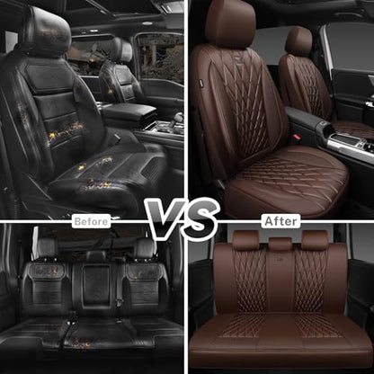CAR PASS Piping Luxury Faux Leather Seat Covers Full Set, 5 Seats Anti-Slip Waterproof Seat Covers Compatible with Front Armrests, Universal Fit for Suvs,Vans,Trucks,Airbag Compatible, Pure Brown - color: Pure Brown, size: Full Set