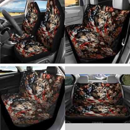 Wolf Leaf American Flag Print 15 Pcs Full Set Car Accessories, Car Seat Cover with Steering Wheel Cover Car Headrest Cover Seat Belt Covers Car Coaster - color: Wolf Leaf American Flag Print