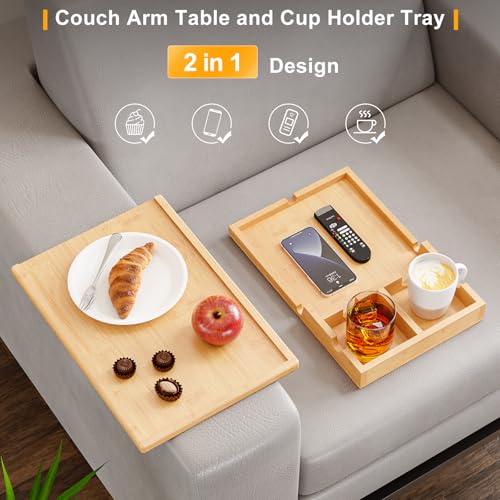 Bamboo Couch Cup Holder Tray - 2 in 1 Couch Armrest Table with Be Slide-Away Detachable Double Holder - Sofa Armchair Caddy for Drinking Snacks iPad TV Remote - color: Bamboo, size: 13.8" x 9.5" x 2.4"