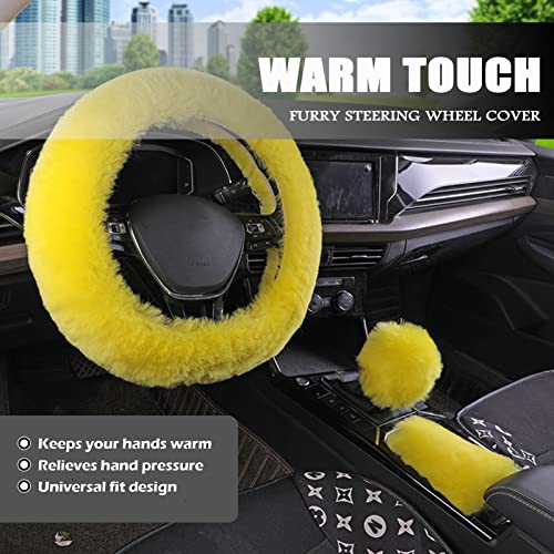 Fluffy Car Accessories Set, Fur Cute Fluffy Steering Wheel Cover Set for Women & Furry Handbrake & Gear Shift Covers & Car Rearview Mirror Pendant & 2 Pieces Bling Coasters (Yellow) - color: yellow